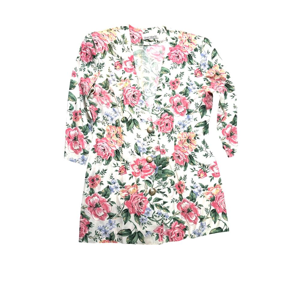 Vntg Floral Jacket Top Shirt Elbow Length Sleeve Sz 8 Sheri Martin Shoulder Pads
